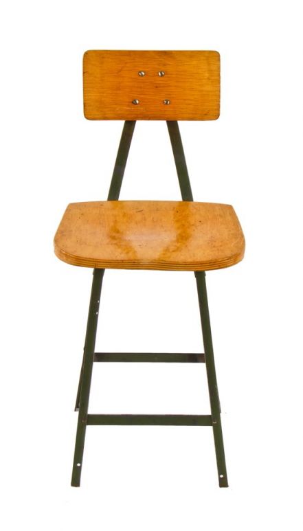 original c. 1950's american vintage industrial "pollard green" enameled factory workbench angled iron stool with oversized saddle seat