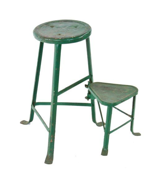 original c. 1930's american industrial green painted angled steel three-legged stationary stool with additional swing-out step