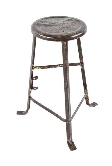 vintage american refinished industrial depression era three-legged low-lying stationary angled steel stool with flared feet