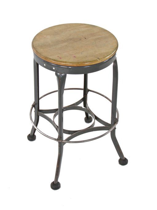 original c. 1940's american industrial four-legged gunship gray enameled folded and pressed steel "toledo" stool with intact heel ring