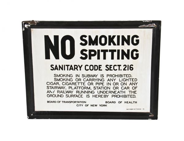 highly sought after original c. 1930's american vintage single-sided new york city subway station black and white porcelain enameled sanitary sign 