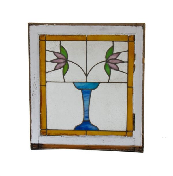 c. 1915-20 american antique craftsman style leaded art glass chicago bungalow window with brightly colored urn