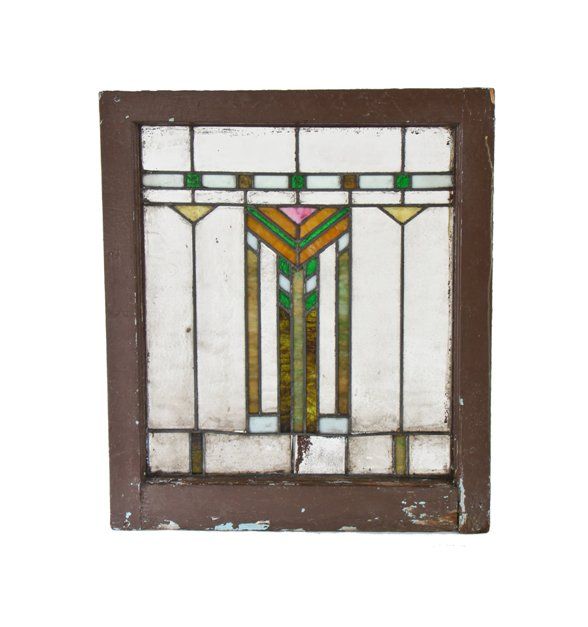 20th century american residential chicago prairie school style leaded art glass window with a strongly geometric design motif 