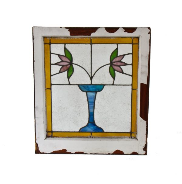 intact early 20th century chicago arts & crafts style interior residential art glass window with potted plant design 