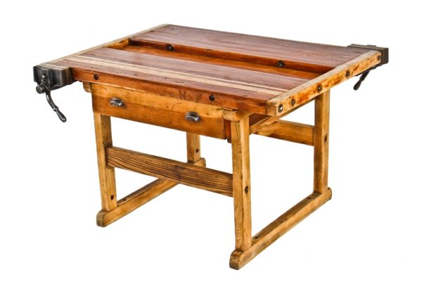 sturdy heavily reinforced double-sided oversized solid hardwood shop class workbench with opposed iron vises