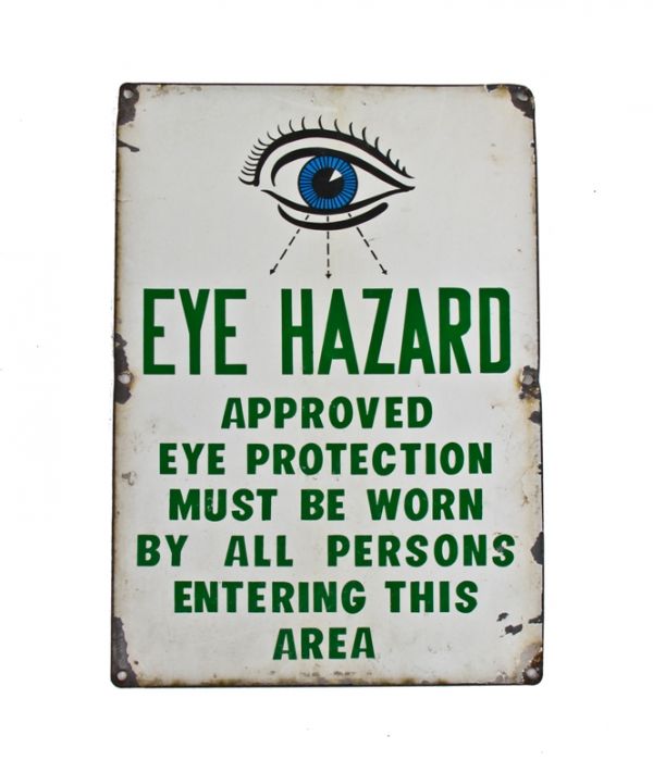 original late 1930's unusual antique american industrial die cut steel porcelain enameled factory "eye hazard" cautionary sign with graphic