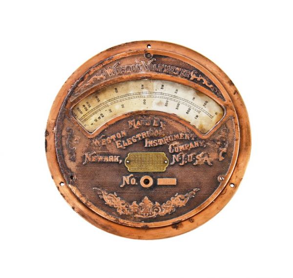 highly sought after early 20th century american industrial ornamented copper-plated cast iron power station switchboard analog voltmeter 