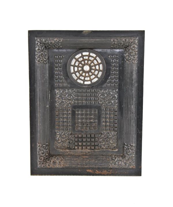 original and remarkably intact very unusually designed late 19th century baked black enameled or "japanned" antique american salvaged chicago ornamental cast iron coal or wood-burning fireplace summer cover front