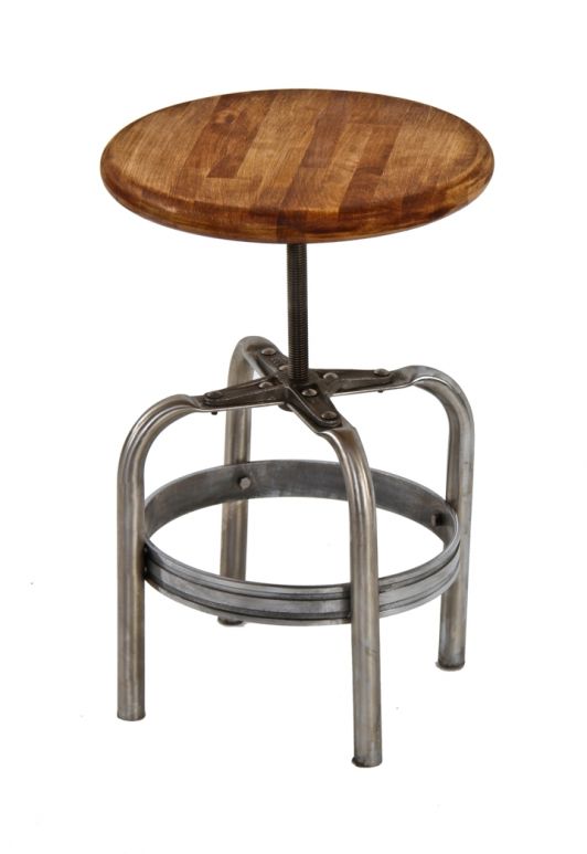 streamlined american art deco stationary bent tubular steel four-legged low-lying stool with newly added revolving maple wood seat