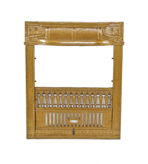 original largely intact late 19th century american antique ornamental cast iron metallic gold enameled residential fireplace gas grate or surround