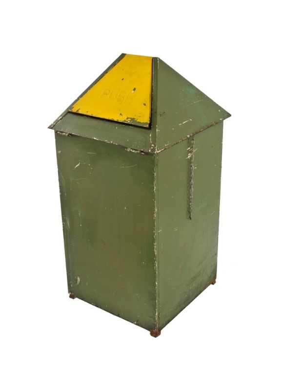 c. 1920's antique american oversized industrial outdoor amusement park self-closing heavy gauge steel trash receptacle with pyramidal-shaped hinged top