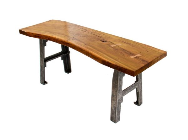 outstanding and remarkably intact repurposed american industrial stationary console or side table with refinished old growth poplar wood slab top 