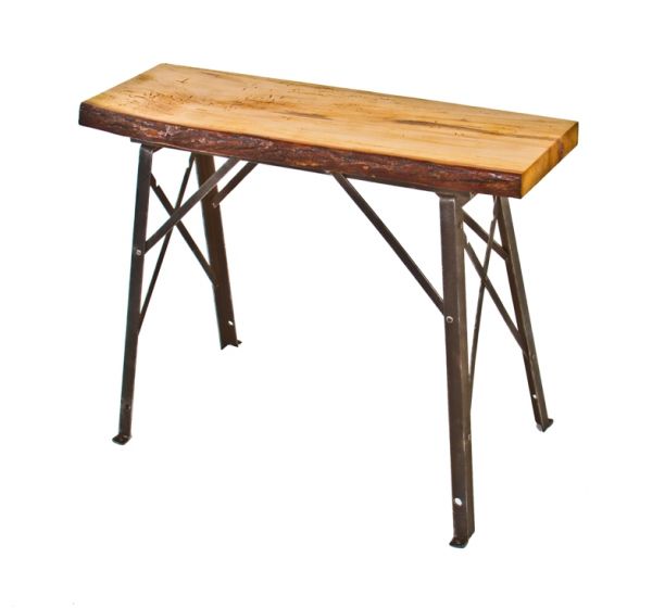 repurposed original c. 1937 vintage american industrial riveted joint angled steel canning factory four-legged sawhorse with newly added old growth poplar wood slab top