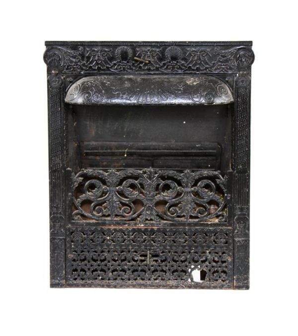 original and largely intact c. late 19th century black enameled ornamental cast iron "dawson" brothers residential fireplace gas insert 