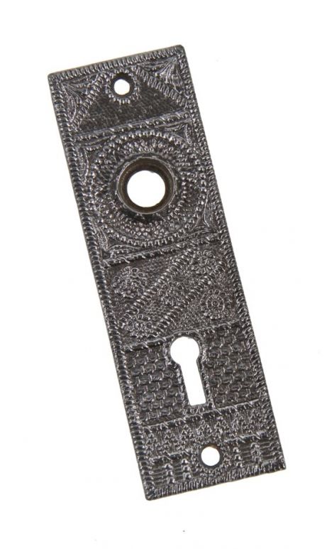 19th century ornamental cast iron "geometric" pattern refinished interior residential doorknob backplate or escutcheon