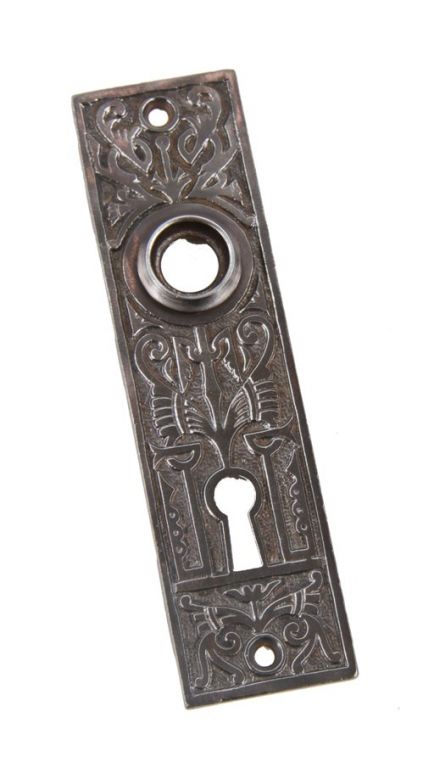 refinished late 19th century ornamental cast iron interior residential passage door flush mount backplate with wrought steel thimble