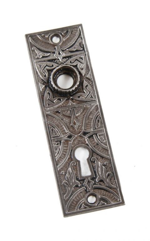 ornamented cast iron 19th century antique american interior residential passage door backplate with fluted thimble