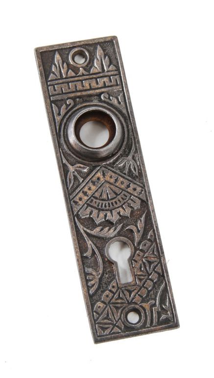 19th century ornamental cast iron "oriental" pattern interior residential passage door backplate with protruding wrought steel thimble