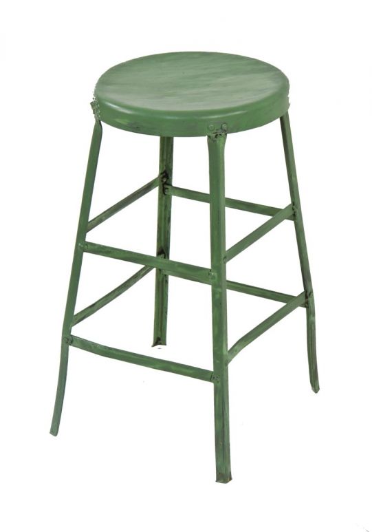 original late 1920's vintage american industrial "factory green" enameled riveted joint heavy gauge steel four-legged machinist stool 