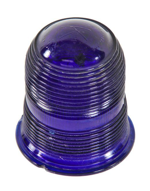 intact american vintage industrial airport runway stake light reinforced cobalt blue dome-shaped fresnel lens ground glass globe with bottom flange