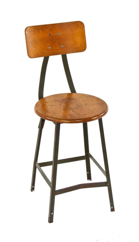 stationary american vintage industrial four-legged riveted and welded joint angled iron "pollard green" enameled factory stool with backrest