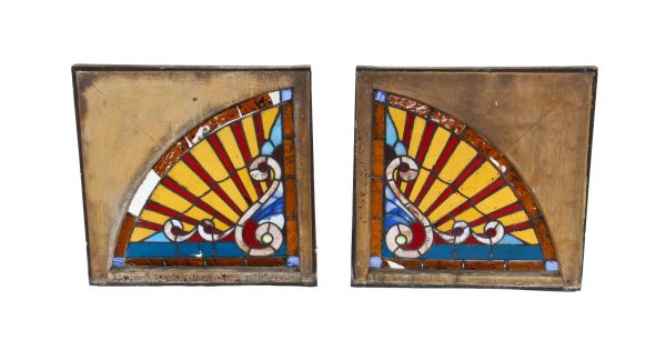 two matching largely intact brilliantly colored antique american victorian era stained glass "eyebrow" transom side windows with original wood sash frames