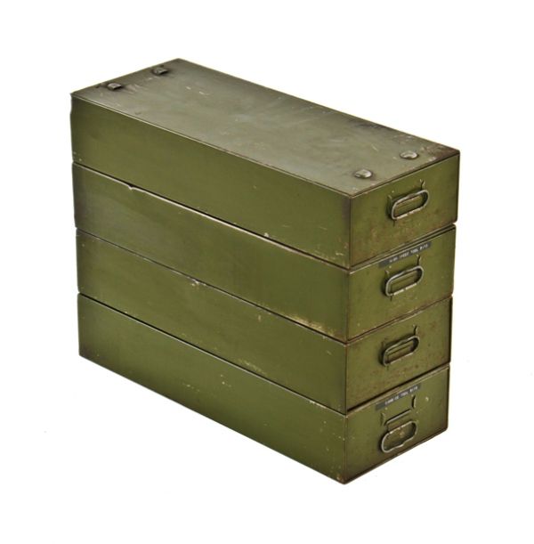 group of four matching original c. 1940's vintage industrial olive drab baked enameled pressed and folded steel stackable filing cabinets