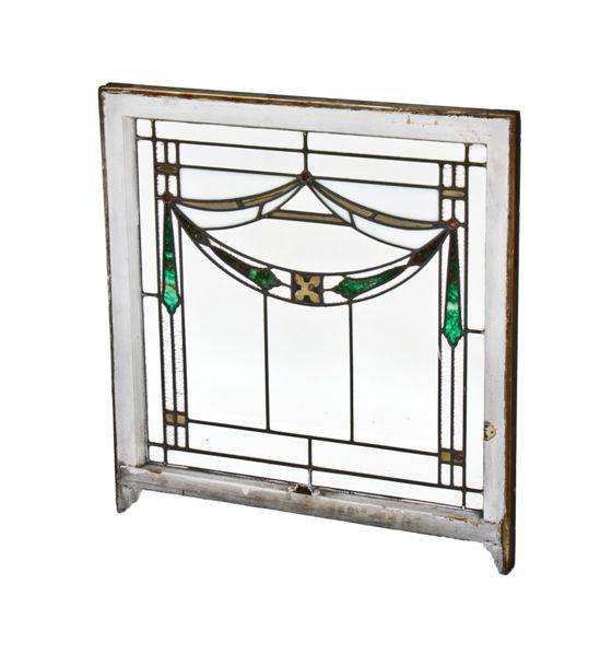 unusual early 20th century american arts & crafts style interior residential leaded art glass window with swag and gold leaf sandwich glass accent