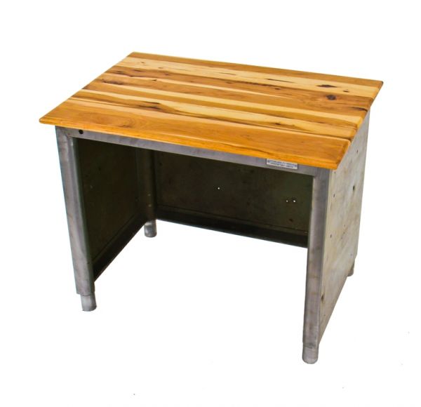 sturdy practical original c. 1940's vintage american industrial cold-rolled steel western union telegraph operator table with newly added hickory wood top