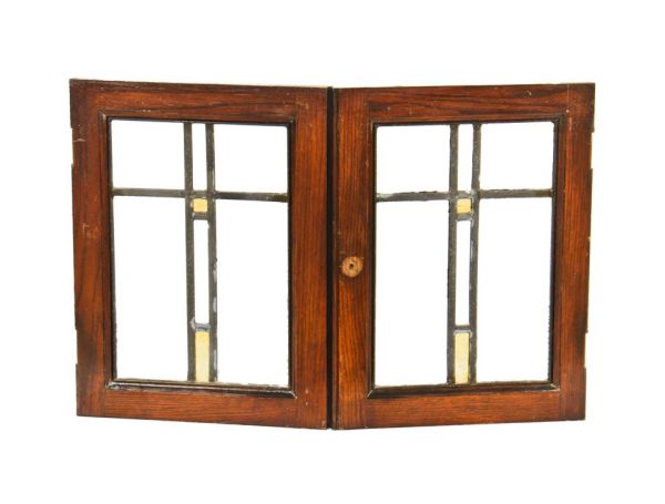 set of antique american interior residential chicago prairie style built-in oak wood cabinet doors with wide zinc caming 