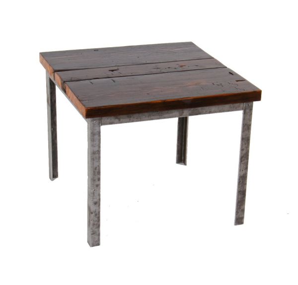repurposed vintage american industrial four-legged low-lying all-purpose table with newly added old growth pine wood top 