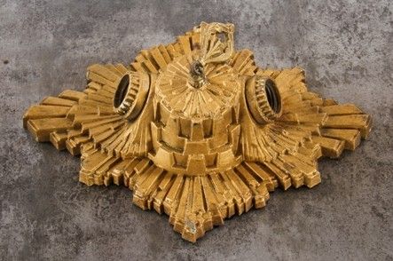 remarkably intact early 1930's original american art deco style "sunburst" pattern interior residential flush mount double-light gold enameled ceiling fixture