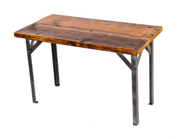 american depression era industrial four-legged angled steel stationary factory work table with newly added pine wood board top