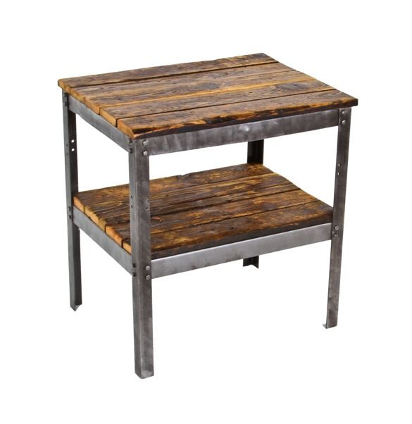 sturdy american vintage industrial two tier heavy gauge iron stationary side table with newly added old growth pine wood top