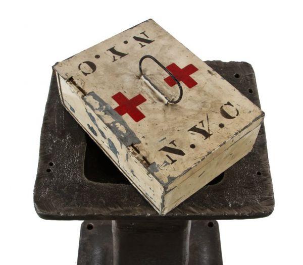 unique c. 1930's american industrial hand-painted new york city subway transit worker portable first aid kit box with drop handle