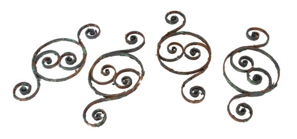 four count c. 19th century antique american ornamental wrought iron exterior residential balusters with distressed paint finish 