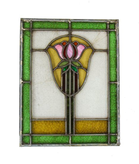 two of two original early 20th century arts & crafts style variegated textured leaded glass window with impressive floral motif