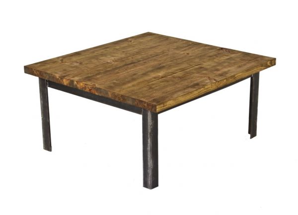 reconfigured c. 1930's vintage american industrial four-legged angled steel low-lying coffee table with newly added pine wood top
