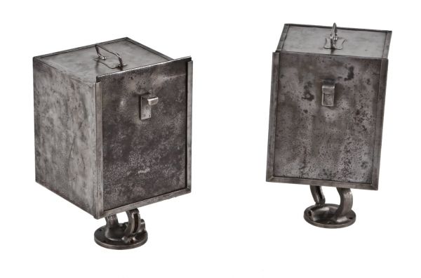 two identical c. 1930's american antique industrial cold-rolled folded and pressed steel portable storage containers with removable front panels