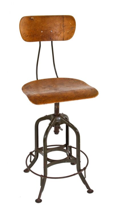 unrestored antique american industrial "uhl art steel" adjustable height army green enameled toledo stool with heel ring or footrest 