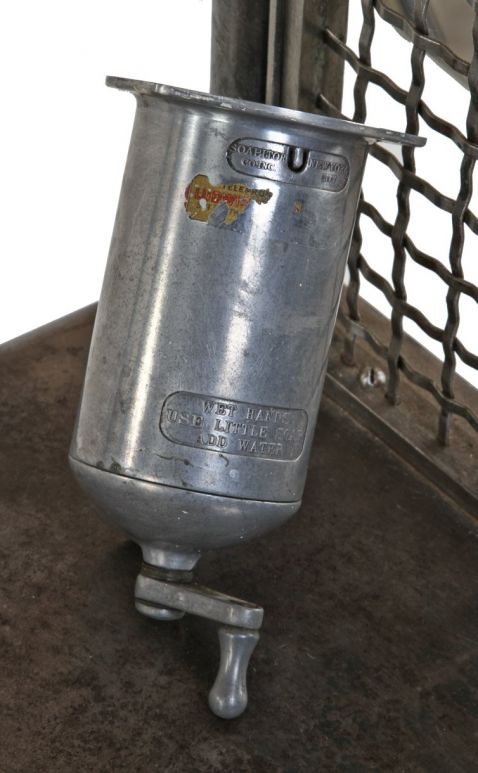 late 1930's antique american industrial flush mount cast aluminum "soapitor" factory lavatory powder soap dispenser with handle