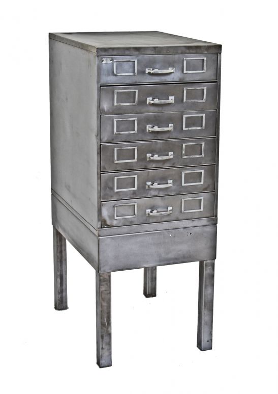 refinished c. 1950's american antique industrial factory office "tanker" style freestanding filing cabinet with aluminum handles and label holders
