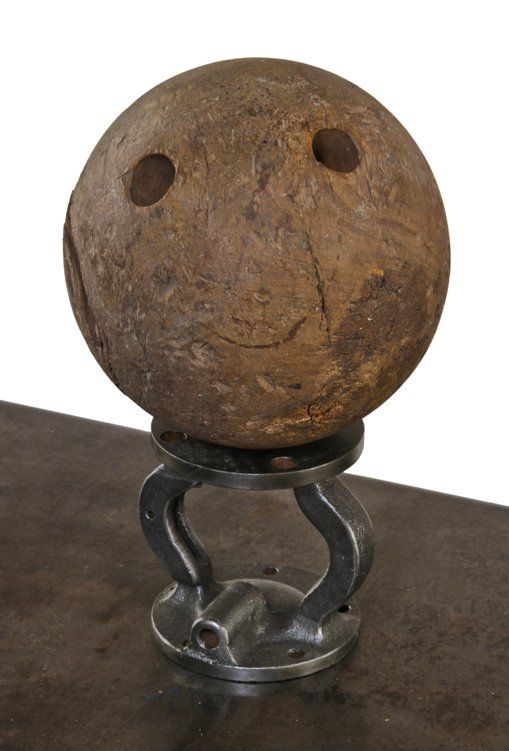 original double finger hole configuration antique american rock hard lignum vitae wood bowling ball with nicely aged surface patina 