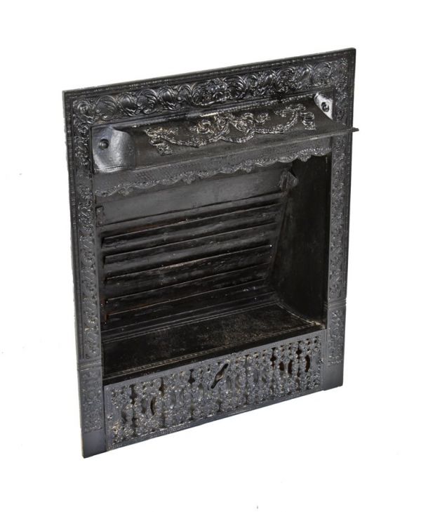 c. 1895-1900 original antique american black enameled cast iron interior residential fireplace gas insert with ornamental ash grate