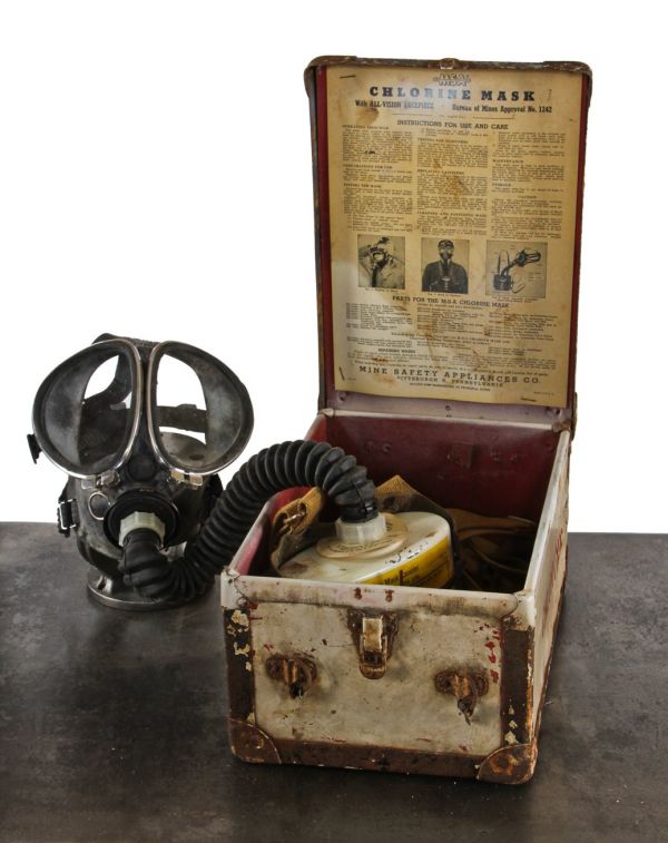 original and largely intact early 1940's american industrial chemical plant chlorine gas mask with original reinforced storage case