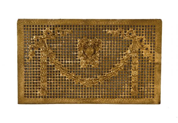 visually distinctive original and intact early 20th century american interior residential fireplace gas insert summer cover with gold enameled finish 