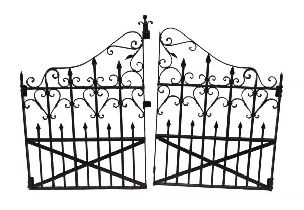 completely intact 19th century american victorian era ornamental forged wrought iron exterior residential double gate with scrollwork