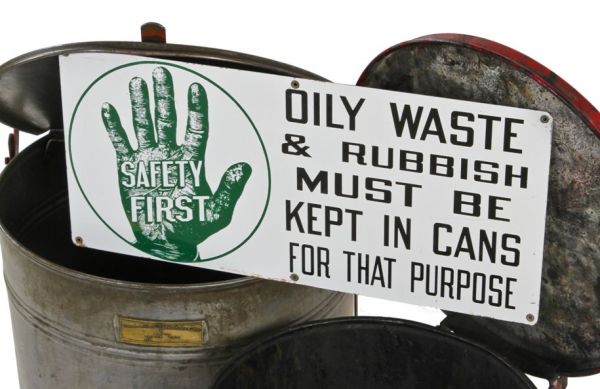 original and remarkably intact c. 1940's vintage american industrial single-sided die cut steel oily waste can rag disposal safety first factory sign 