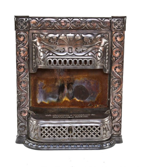largely intact late 19th or early 20th century antique american copper-plated ornamental cast iron residential fireplace "reliable" gas insert