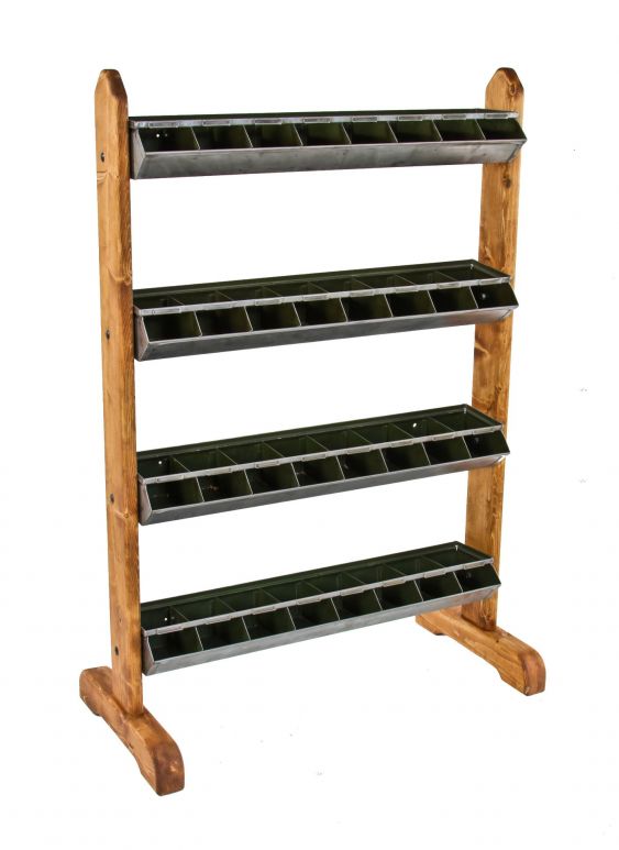 vintage american industrial custom-built compartmentalized "nesting bin" repurposed display rack with newly added pine wood uprights